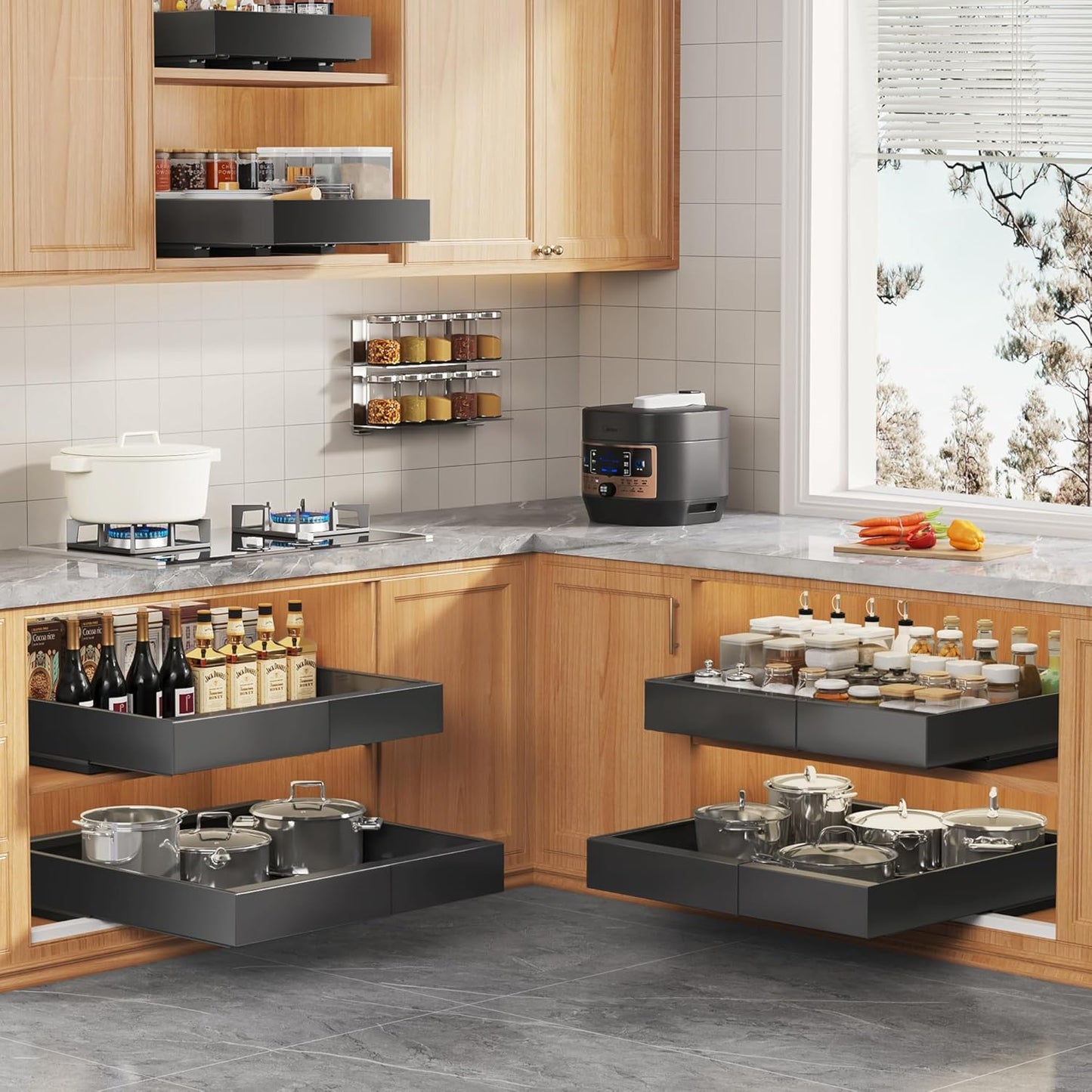 Expandable Pull-Out Cabinet Organizer Set - 21" Deep with Adjustable Width (12.05"-20.4"), Enhanced 3-Slide Rail Design, Black