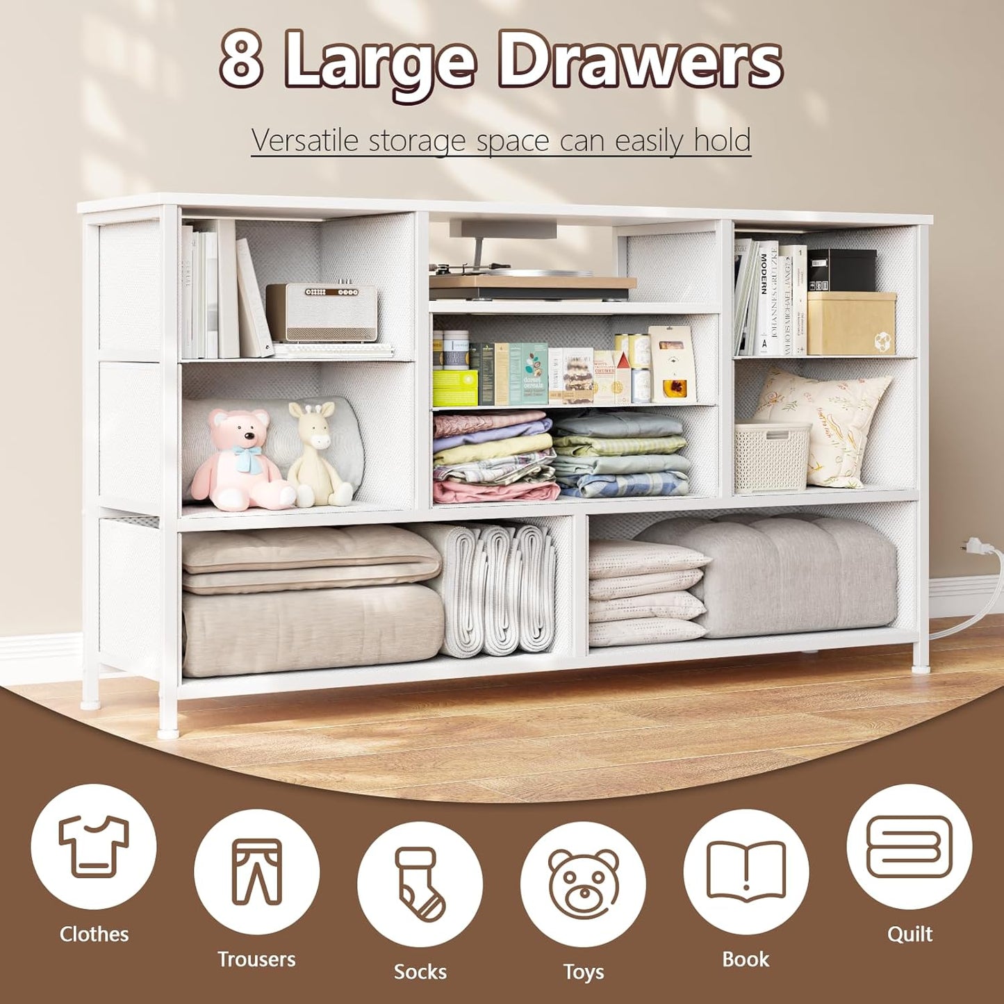 Wide Chest Dresser with Power Outlet for 55" TV Stand - 8 Deep Drawers for Storage in Bedroom, Living Room, Entryway, Hallway, and Closet (White)