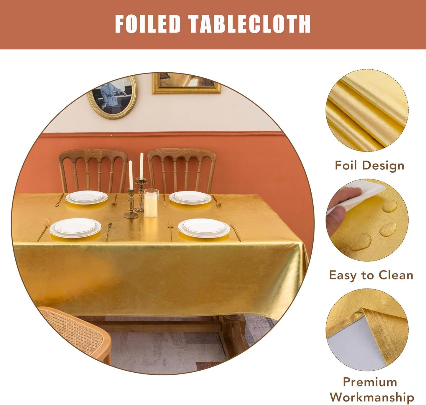 Rectangle Foiled Tablecloth Set, 2 Pack - 60 x 102 Inches, Gold - Stain Resistant for New Year Celebrations and Banquets