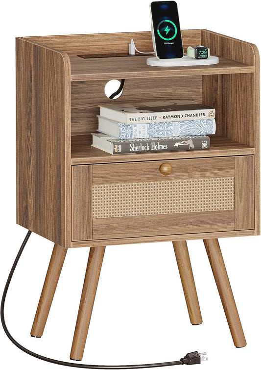 Walnut Nightstand with Integrated Charging Station and Rattan-Style Drawer, Solid Wood Legs, Open Storage Design for Bedroom, Living Room, and Dormitory