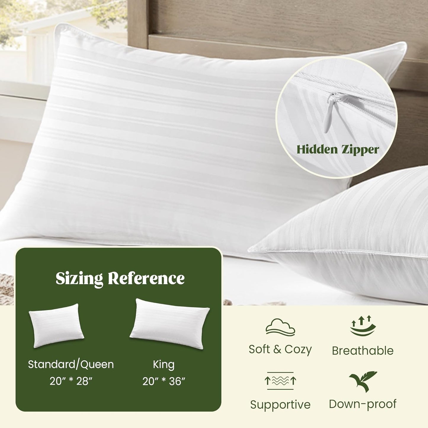 Goose Feather down Pillows, Bed Pillows for Sleeping with 2 Outer Protectors, Hotel Standard/Queen Pillows Set of 2 (Pack of 2)