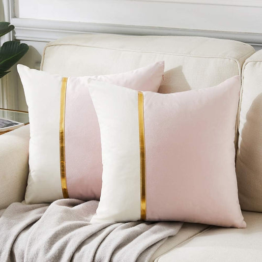 2 Packs Decorative Throw Pillow Covers 18X18 Inch for Living Room Couch Bedroom, Blush Pink and White Velvet Patchwork with Gold Leather, Luxury Modern Home Decor Cute Cushion Case 45X45 Cm