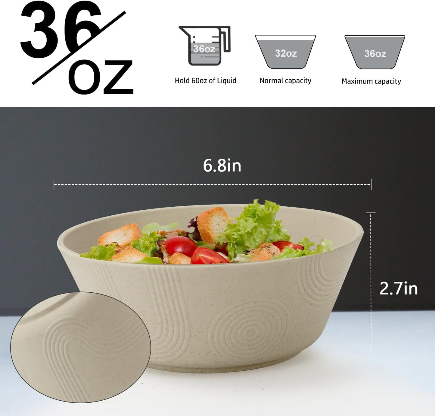 Wheat Straw Cereal Bowls Set of 6 | Microwave and Dishwasher Safe | Patented Textured Grip | Ideal for Cereal, Soup, and Salad | Eco-Friendly Alternative to Plastic (Beige)
