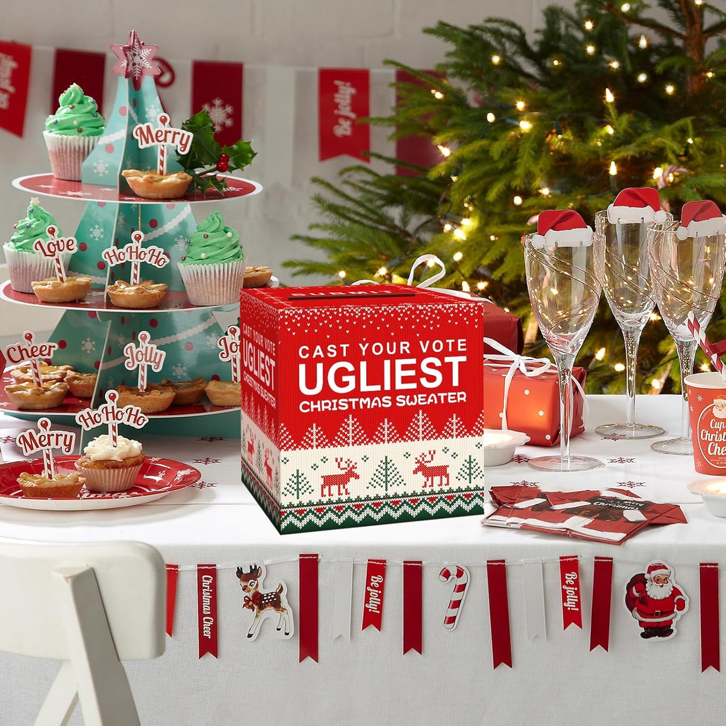 Ugly Sweater Contest Ballot Box, Voting Cards Box Set with 50 Voting Cards Sweater Contest Ballot Box for Christmas Games Party Decorations