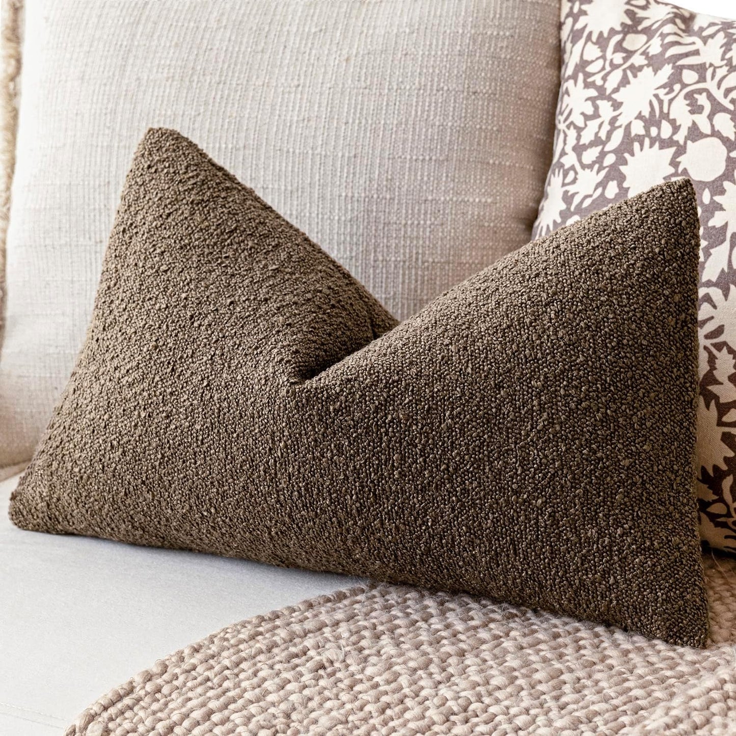 Pack of 2 Textured Boucle Throw Pillow Covers Accent Solid Decorative Lumbar Pillow Cases Cozy Soft Couch Cushion Case for Chair Sofa Bedroom Living Room Home Decor 12X20 Inch Light Brown