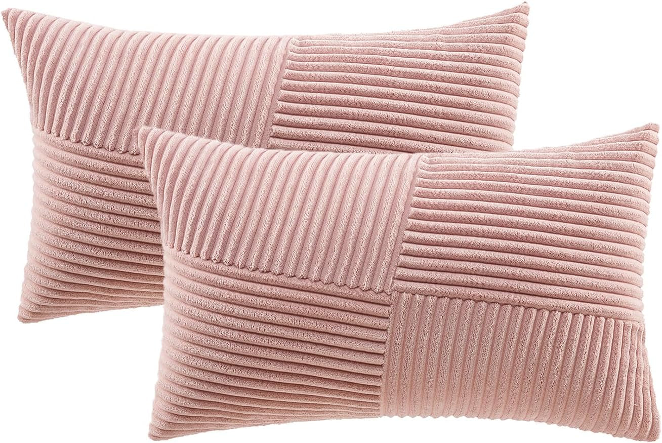 Set of 2 Blush Pink Boho Lumbar Rectangle Decorative Throw Pillow Covers 12X20 Inch with Diagonally Pattern for Couch Bed Sofa, Soft Corduroy Accent Modern Farmhouse Home Decor 30X50 Cm