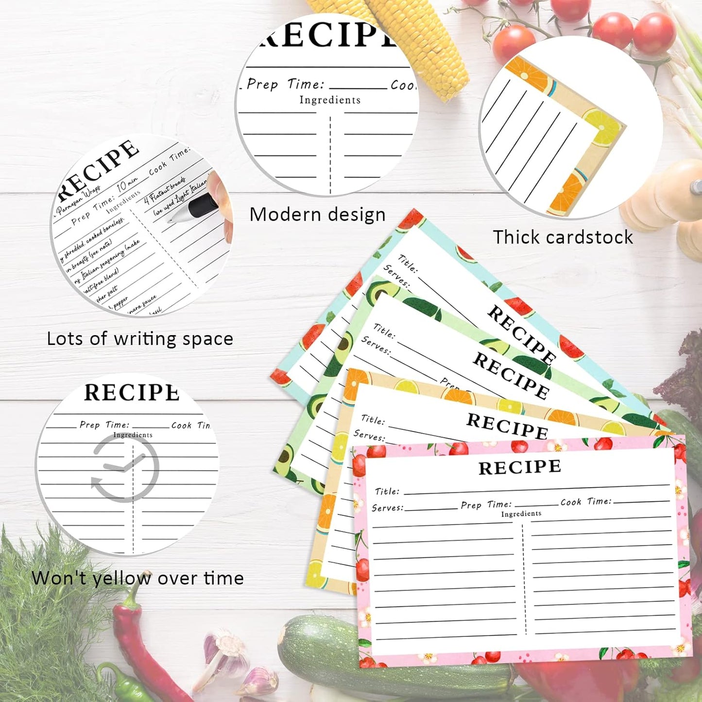 72 Blank Recipe Cards for Bridal Shower and Wedding - 4X6 Double Sided, 4 Fruit Design