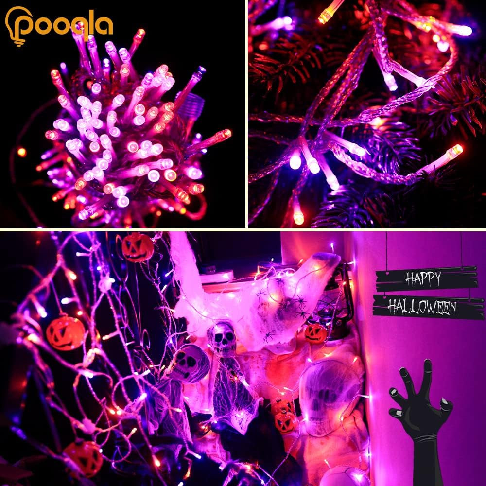 Halloween Lights, 66 Ft 200 LED Indoor Outdoor Halloween String Lights Plug In, Connectable 8 Modes Clear Wire Twinkle Fairy String Lights for Xmas Tree Decoration Clear Wire, Orange and Purple
