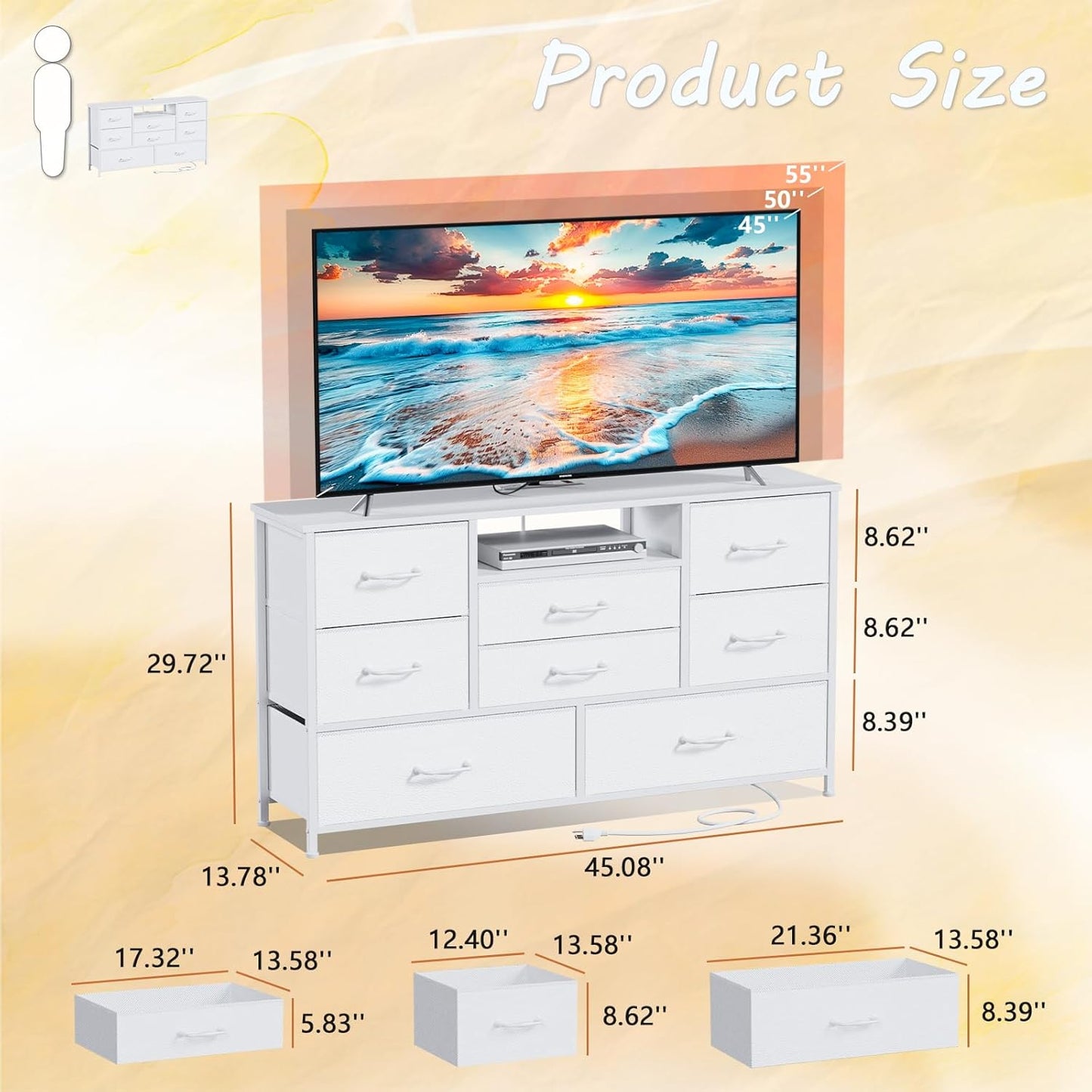 Wide Chest Dresser with Power Outlet for 55" TV Stand - 8 Deep Drawers for Storage in Bedroom, Living Room, Entryway, Hallway, and Closet (White)