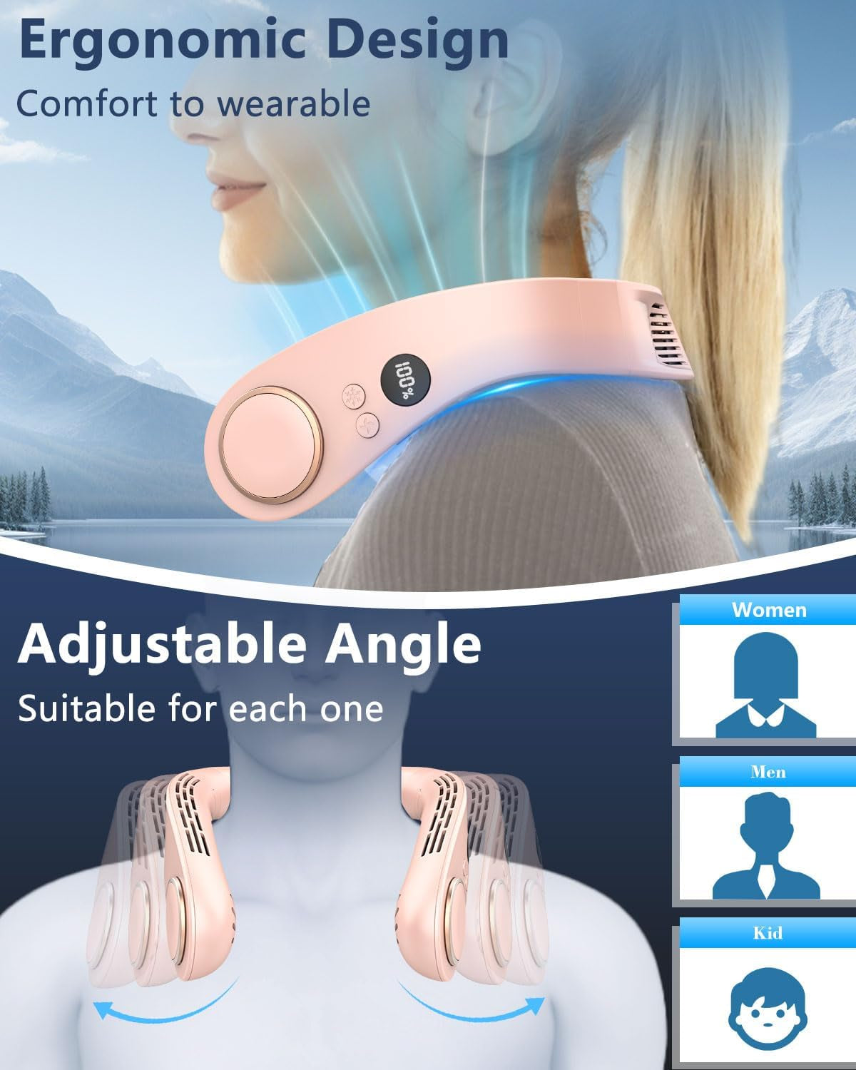 Neck AC Air Conditioner,Personal Cooling Neck Fan,Headphone Neck Fans That Blow Cold Air,Small Tiny Cooler Fan around Your Neck,Cordless Noiseless Long Life Breeze Unit for Travel,Outdoor,Sports Pink