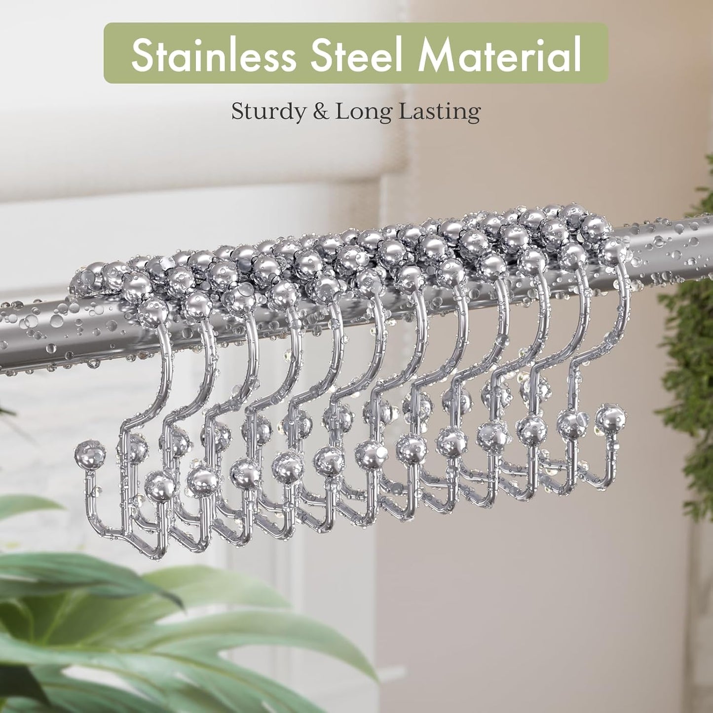 Shower Curtain Hooks Rings, Rust-Resistant Stainless Steel Double Shower Curtain Hooks, Shower Hooks for Shower Curtain and Liner Bathroom, Set of 12, Chrome