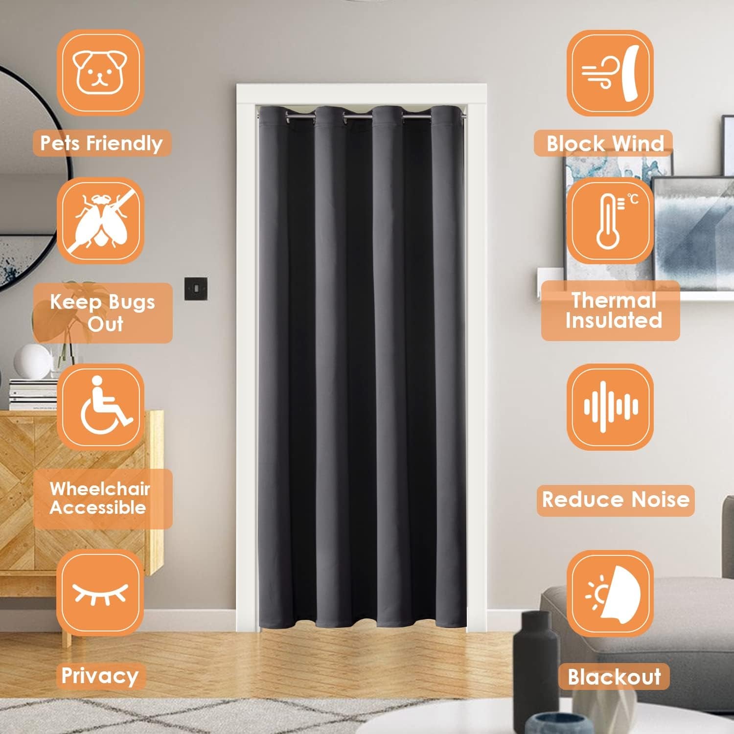Blackout Door Curtains for Doorway Privacy, Grommet Closet Curtains for Bedroom Closet Door, Thermal Insulated Temporary Doorway Cover Room Divider Drapes (1 Panel, Dark Grey, 34 X 80 Inch)