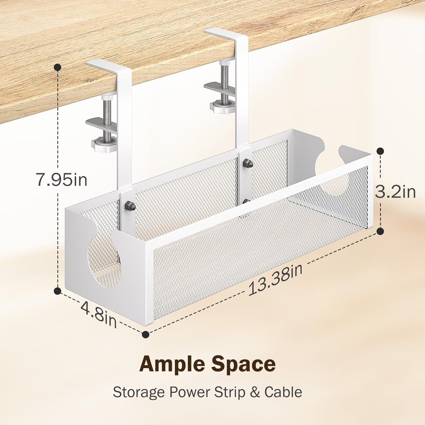 under Desk Cable Management Tray with 2 Open Holes - Metal Mesh Wire Management with F-Clamp, No Drill Cord Organizer, Home Office Cable Tray under Desk Storage & Accessories, 1 Pack, White