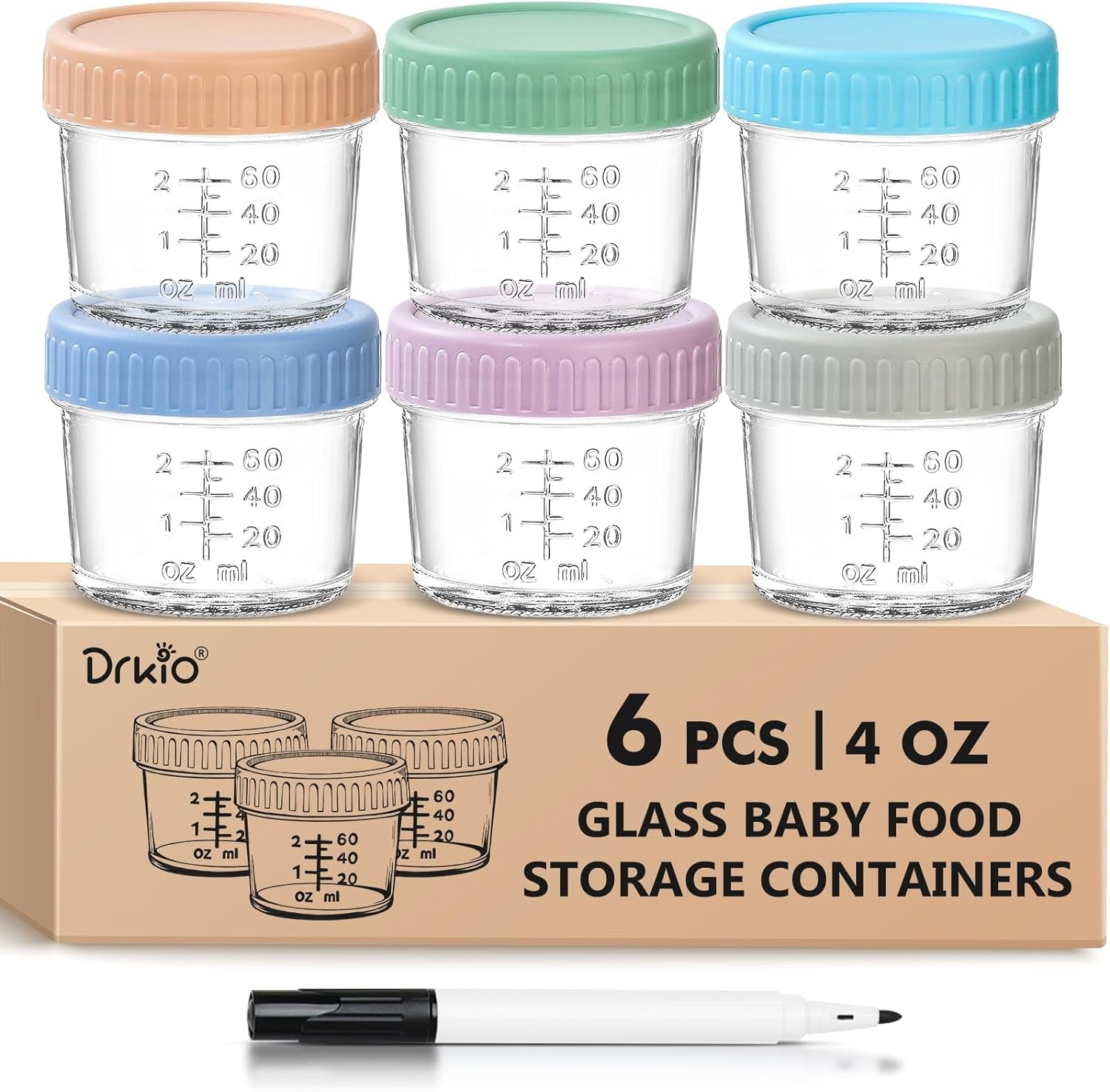 6-Pack Glass Baby Food Storage Containers - 4 oz Jars with Lids, Microwave and Dishwasher Safe, Freezer Safe, 100% Leak Proof, BPA Free, Reusable