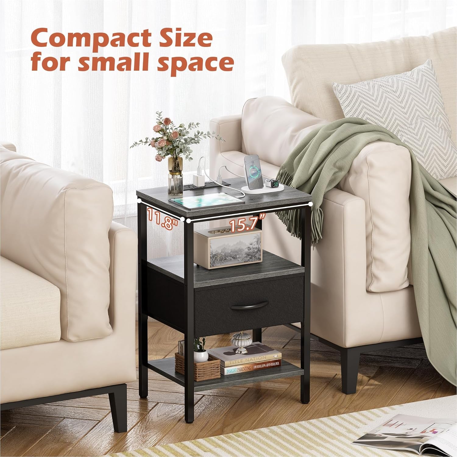 Charcoal Gray Nightstand with Charging Station and Adjustable Fabric Drawer, 3-Tier Storage End Table for Bedroom and Living Room