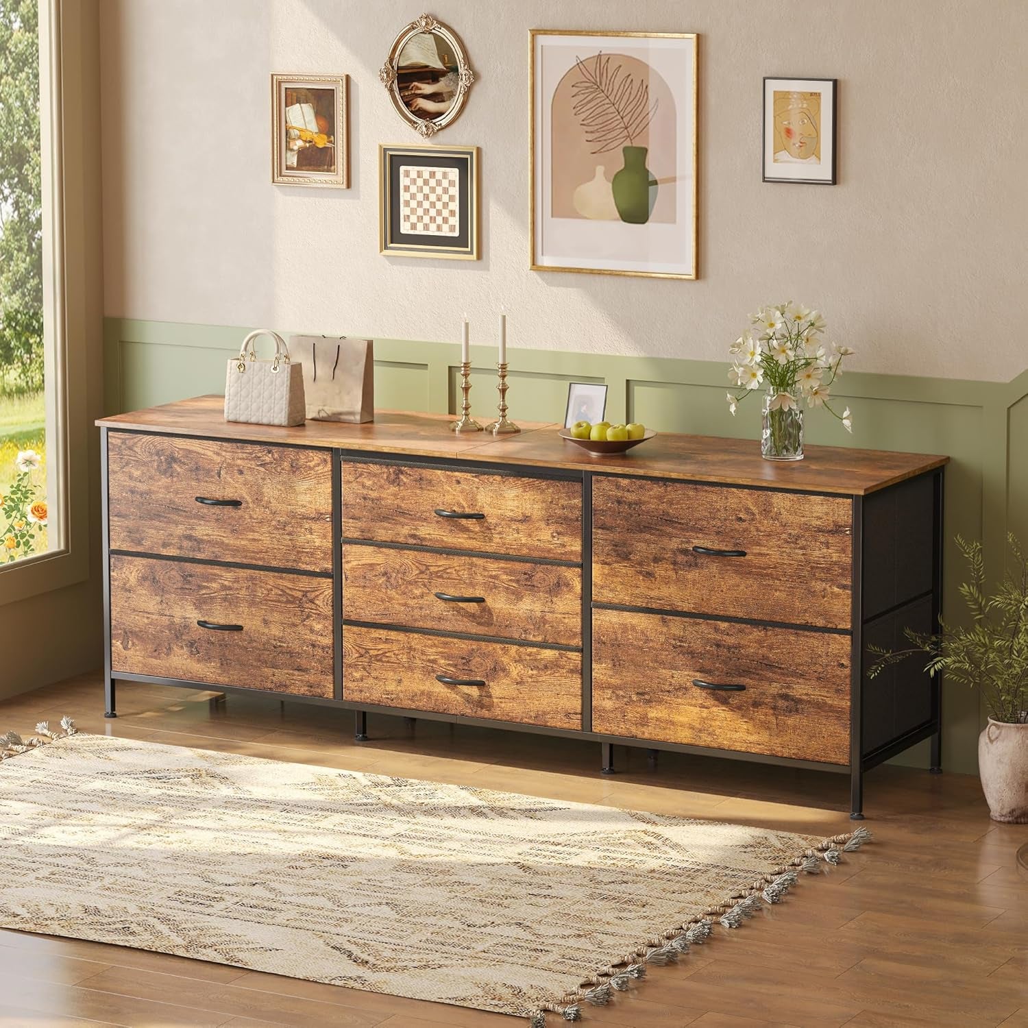 Rustic Brown 63-Inch TV Stand and 7-Drawer Dresser for Bedroom Storage, Suitable for 55 to 70 Inch TVs