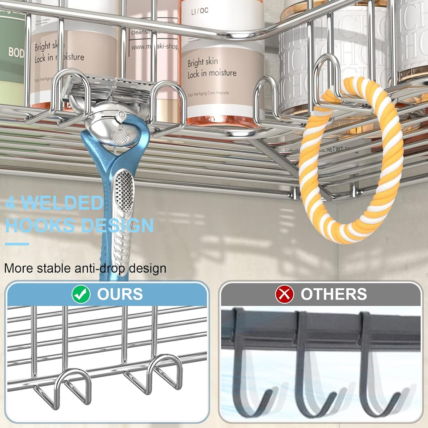 Shower Caddy 2-Pack, No Drilling Shower Organizer Corner Shelf for Bathroom Tub, Stainless Steel Shower Caddy Corner Shelf for Bathroom Kitchen(Silver)
