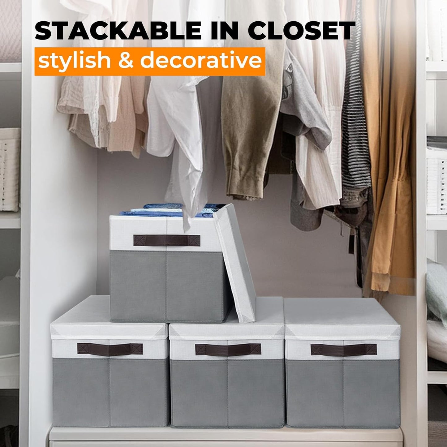 Large Storage Baskets Bins with Lids 4 Pack, Storage Baskets for Organizing Shelves Nursery Bedroom, Home Closet Organizers Cubes for Clothes Toys Blanket - Stackable & Sturdy -14X10X9.5