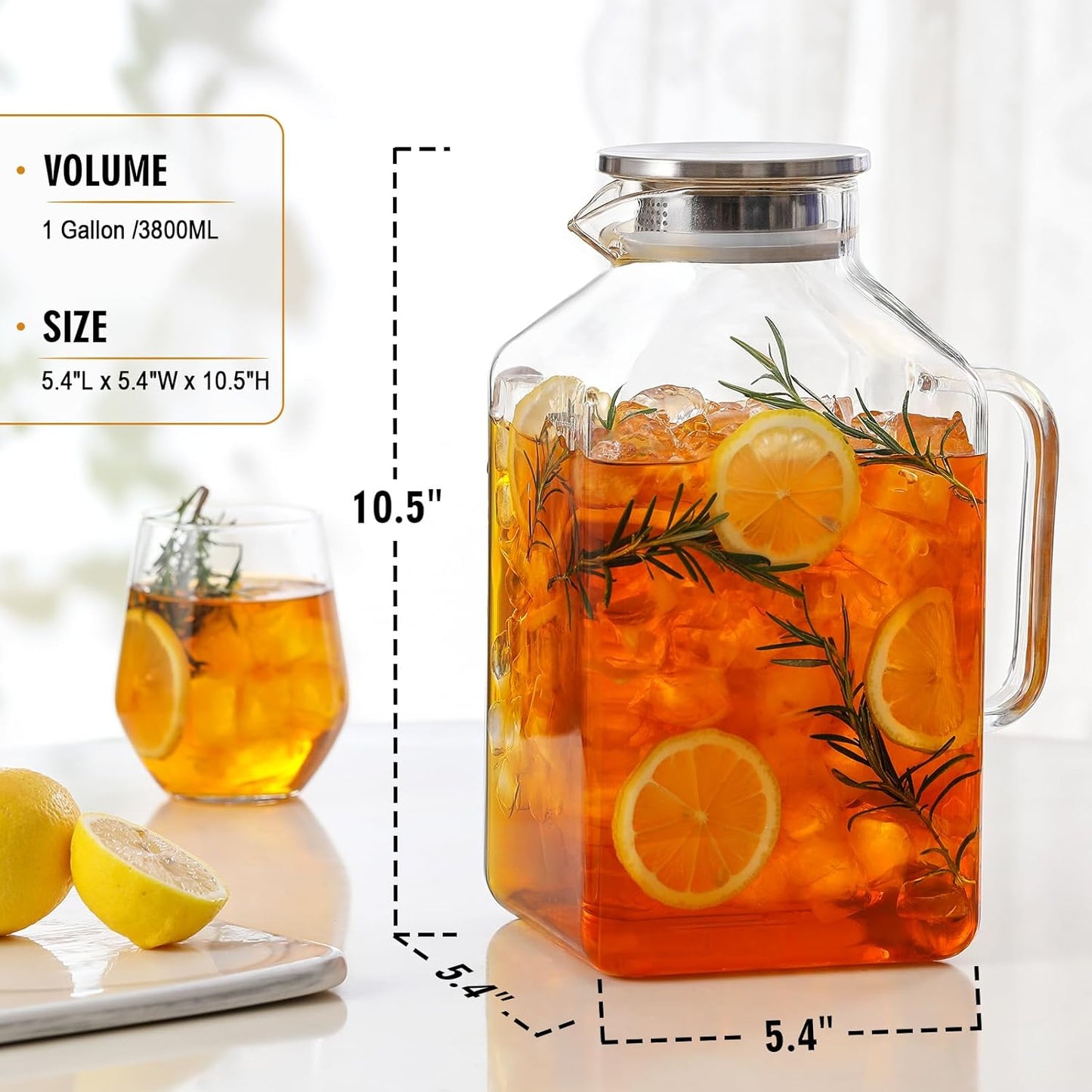 1 Gallon Square Glass Pitcher with Lid and Spout, Water Pitchers with Handle for Fridge, Borosilicate Glass Carafe for Hot/Cold Drink,Extra Large Jug for Iced Tea, Coffee,Juice,Beverage, Clear
