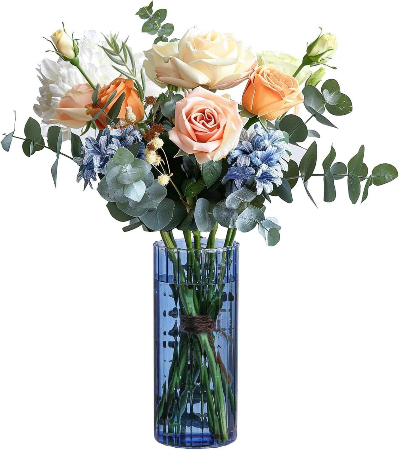 Glass Cylinder Vases, Bud Vase for Centerpieces, 8 Inch Tall Ribbed Vase Hurricane Floating Candle Holder, Decorative Flower Vases for Wedding Reception, Home Decor, Housewarming Gift (Blue)