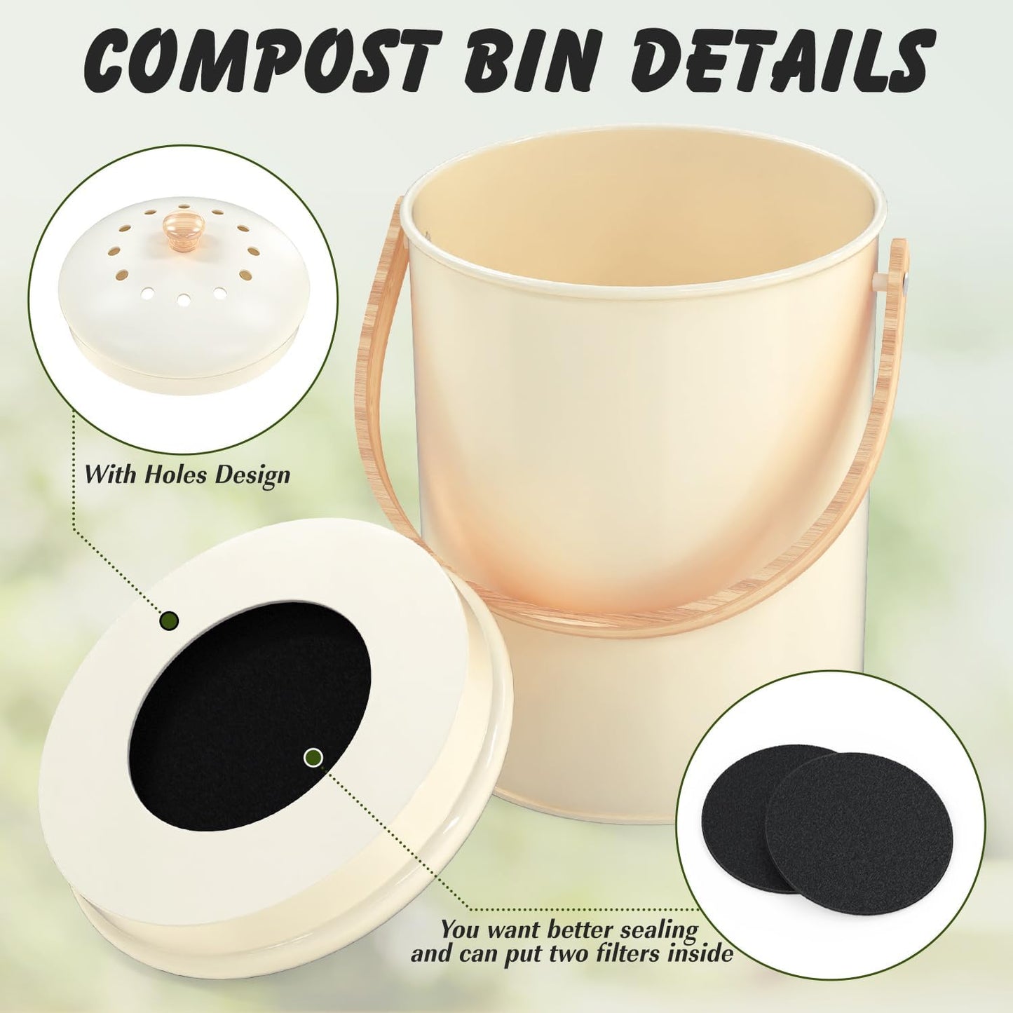 1.3 Gallon Compost Bin Kitchen Counter, Stainless Steel Odorless Indoor Compost Bin Includes 4 Pack Carbon Filters, Countertop Compost Bin with Lid, Kitchen Compost Bucket with Bamboo Handles
