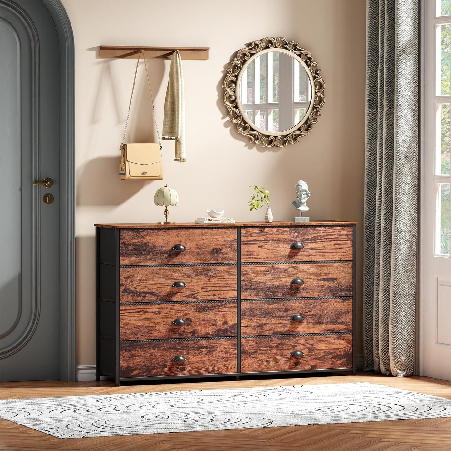 Rustic Brown Long Dresser and TV Stand for 55'' TV with 8 Fabric Bins - Versatile Storage Unit for Bedroom, Office, Dorm, Closet, and Entryway