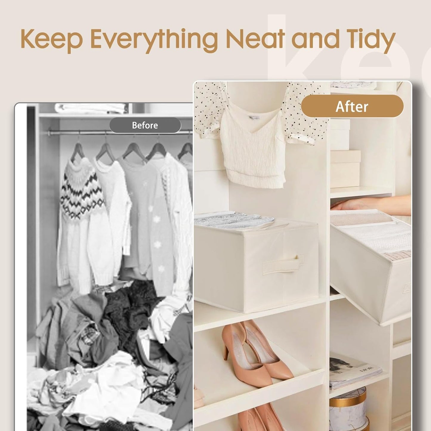 6 Pack Large Clothes Organizer, Wardrobe Closet Organizer and Storage with Handles, Foldable Fabric Closet Organizers Dividers for Clothing, Pants, Jeans, Sweater, T-Shirts, Beige