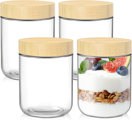 16 oz Glass Storage Jars with Bamboo Lids - 4 Pack Airtight Wide Mouth Containers for Meal Prep, Salads, Chia Pudding, Snacks, Yogurt, Sugar, Spice, and Cereal