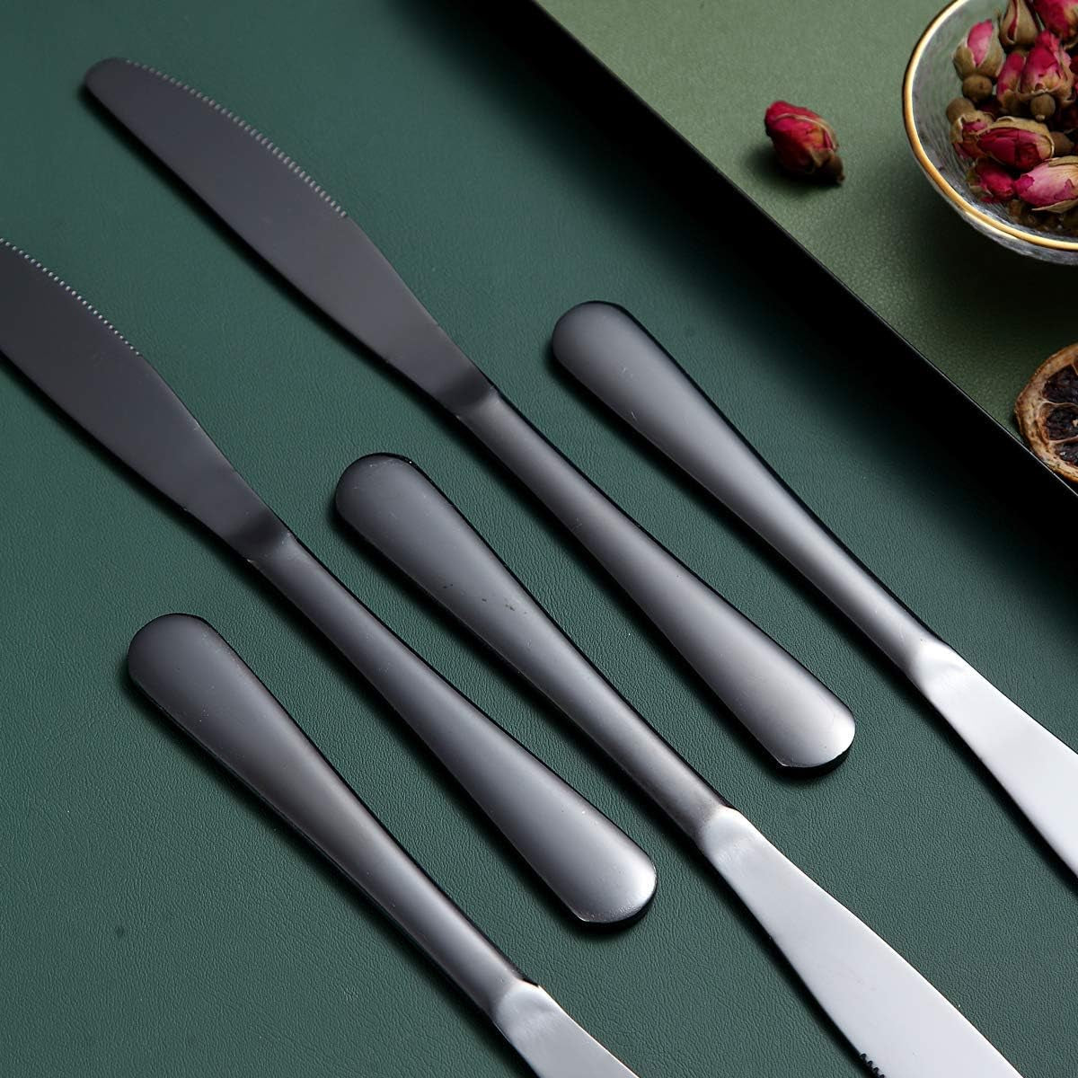 Set of 12 Black Stainless Steel Dinner Knives with Titanium Plating - Durable, Dishwasher Safe Butter Knife Spreaders