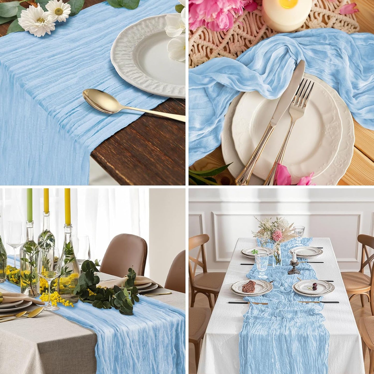 Light Blue Cheesecloth Table Runner, 120 Inch 10Ft Boho Rustic Gauze Cheese Cloth Runner for Wedding Bridal Shower Baby Shower Birthday Party Easter Table Decorations