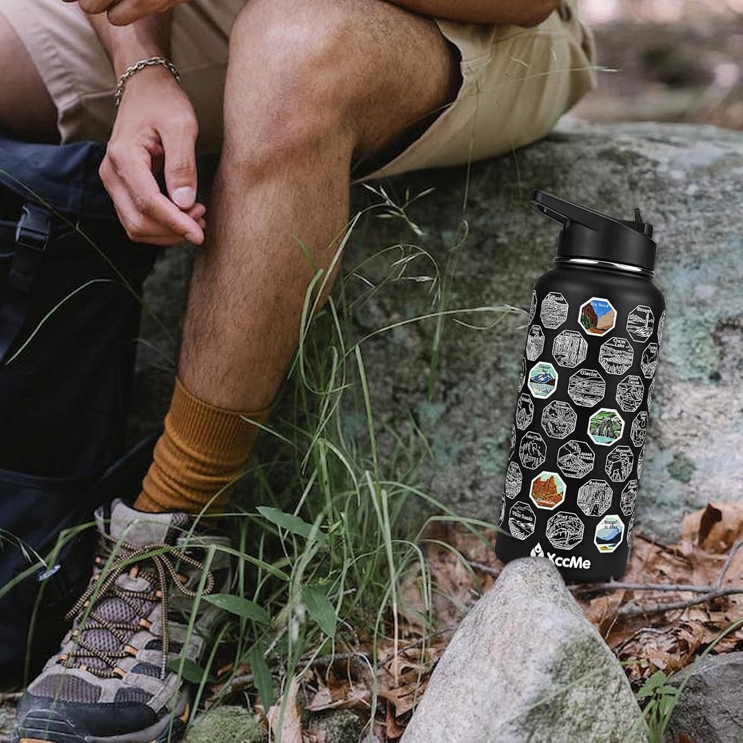 National Parks Water Bottle with Stickers,32 Oz Stainless Steel Insulated Water Bottle with Straw,2 Lids,Leak Proof Metal Water Cup for Hiking,Travel,Sports,Camping,Wide Mouth Bottle