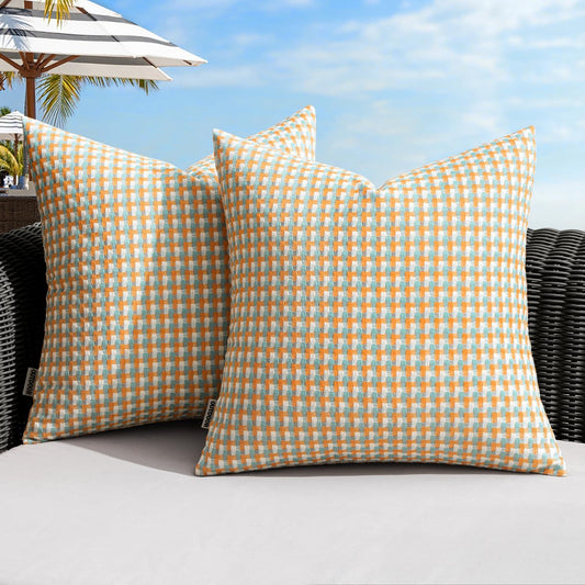 Set of 2 Waterproof Outdoor Throw Pillow Covers - Decorative Farmhouse Square Pillows for Tent, Patio, Garden, Balcony, and Sofa - 16x16 Inches in Orange and Green
