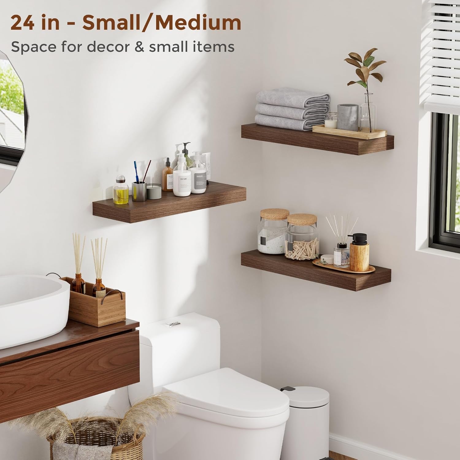 16 Inch Floating Shelves for Wall Walnut Shelves Set of 2,Wall Mounted Rustic Wood 8 Inch Deep Floating Shelf with Invisible Brackets for Bedroom Kitchen Living Room