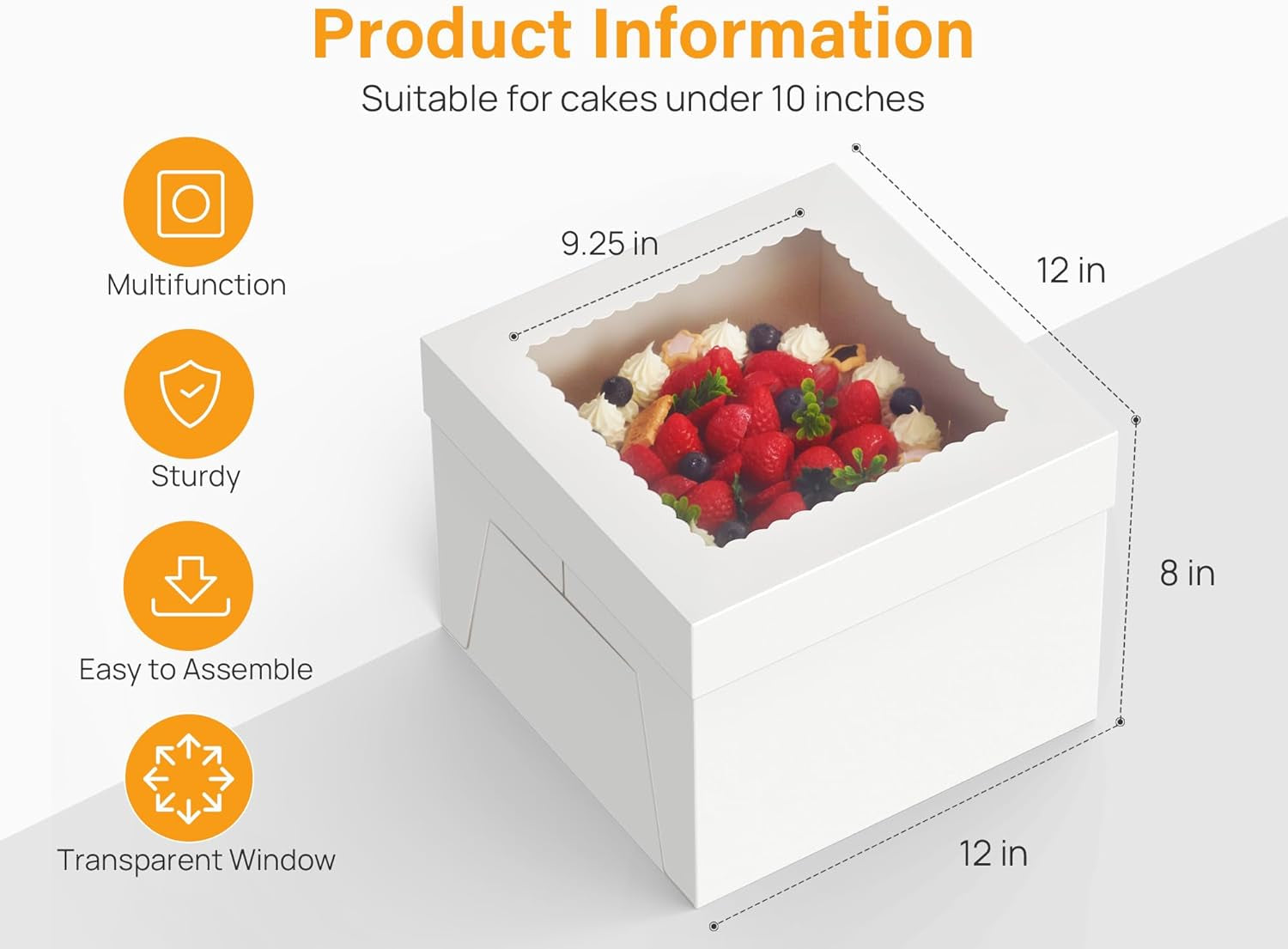 5Pcs Cake Boxes, 12X12X8 Inches Tall Cake Box with Window, White Bakery Boxes, Large Baking Boxes, Square Cardboard Cake Box for Multi-Layer Cakes, Cake Decorating Supplies for Gift Giving