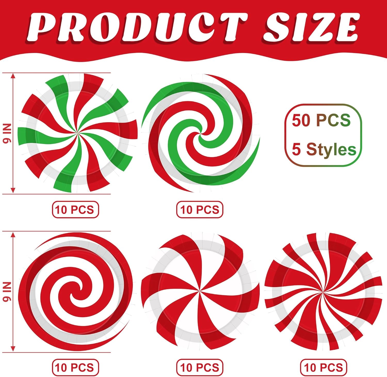 50 PCS Christmas Paper Plates, 9" Christmas Plates Disposable Party Set, 6 Designs Red White Green Candy Design Xmas Dinnerware, Xmas Tableware for Winter Ugly Sweater Party