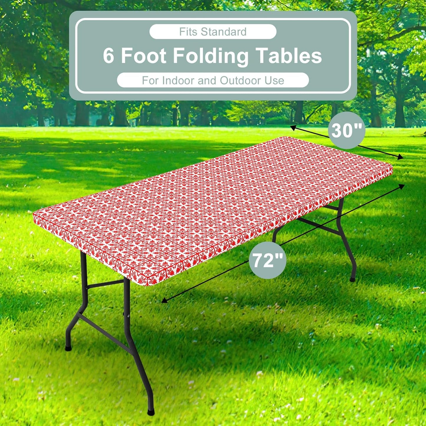2 Pack 6 Foot Rectangle Picnic Tablecloth, Elastic Fitted Waterproof Table Cover, Windproof Washable Polyester Table Cloth for Camping, Indoor and Outdoor (Red, 30" X 72")