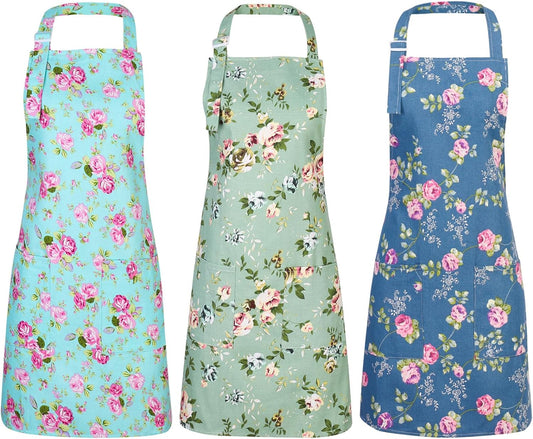 3 Pack Floral Aprons for Women, Adjustable Kitchen Aprons with 2 Pockets Vintage Cute Rose Floral Apron Chef Bakers Apron for Cooking Baking Gardening Apron Gift for Mom Wife Sister Grandma