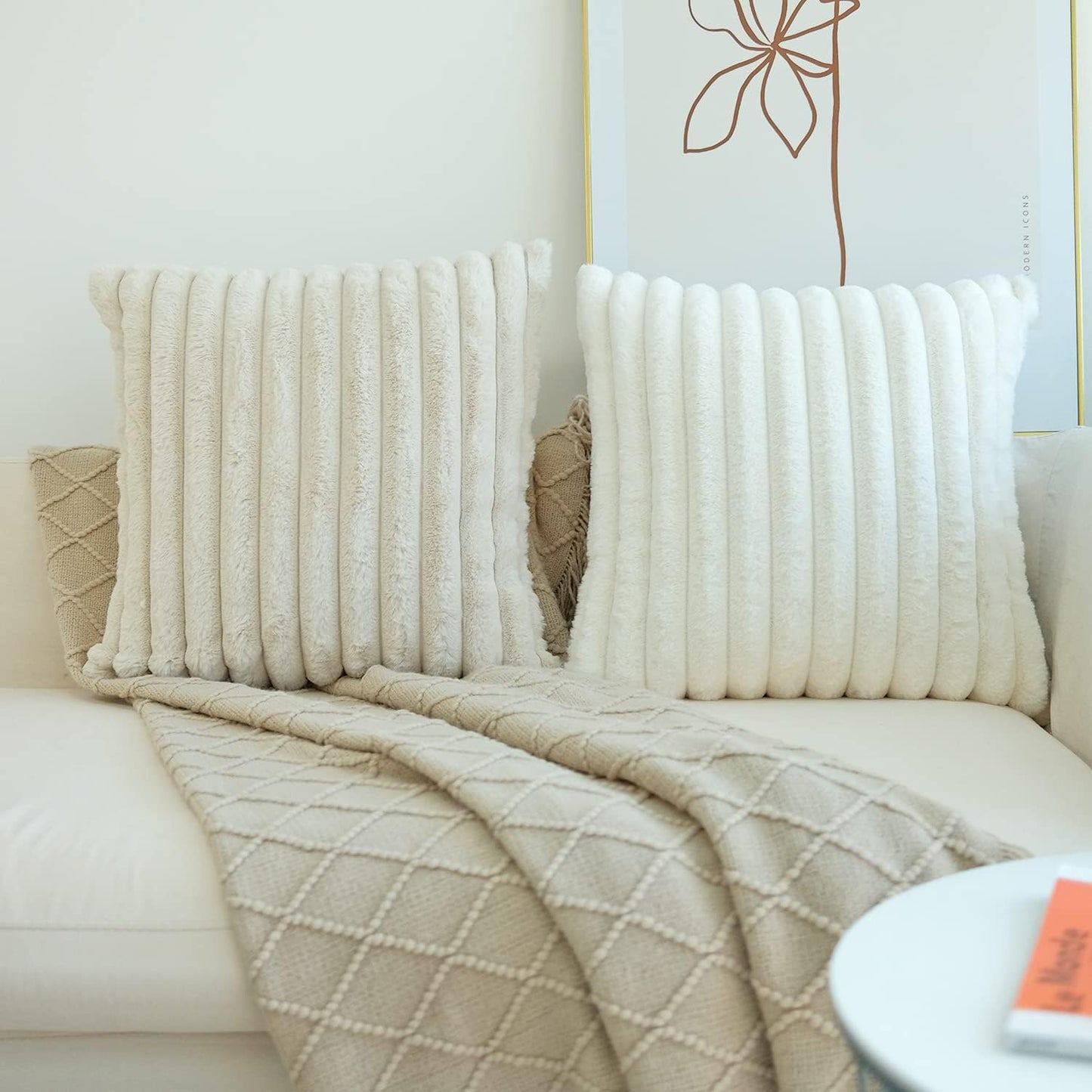 Pack of 2 Faux Fur Plush Decorative Throw Pillow Covers for Home, Couch Cushion Case Soft Solid Pillowcases (Beige, 20 X 20-Inch)