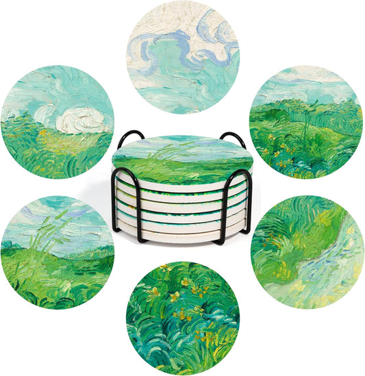 Drink Coasters with Holder, Coasters for Drinks-Set of 6, Van Gogh Paintings Art Ceramic Coasters for Coffee Table Gifts Home Decor, Green, 4 Inches, 10CM