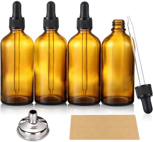 4 Pack, 4 Oz Dropper Bottles with 1 Funnel & 4 Labels - Essential Oils Bottles for Health, Personal Care & Beauty - 120Ml Thick Dark Amber Glass Tincture Bottles with Eye Droppers, Leakproof