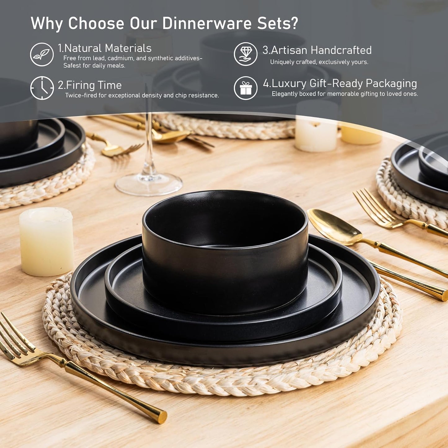 Matte Black Stoneware Dinnerware Set for 6 - Chip and Scratch Resistant, Dishwasher, Microwave, and Oven Safe with Reactive Glaze
