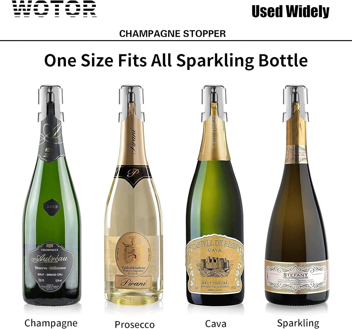 Champagne Stoppers Stainless Steel, Prosecco Bottle Stopper with Food Grade Silicone, Reusable Champagne Cork & Saver, Leak Proof Keep Fresh (Silver, 2 Pack)