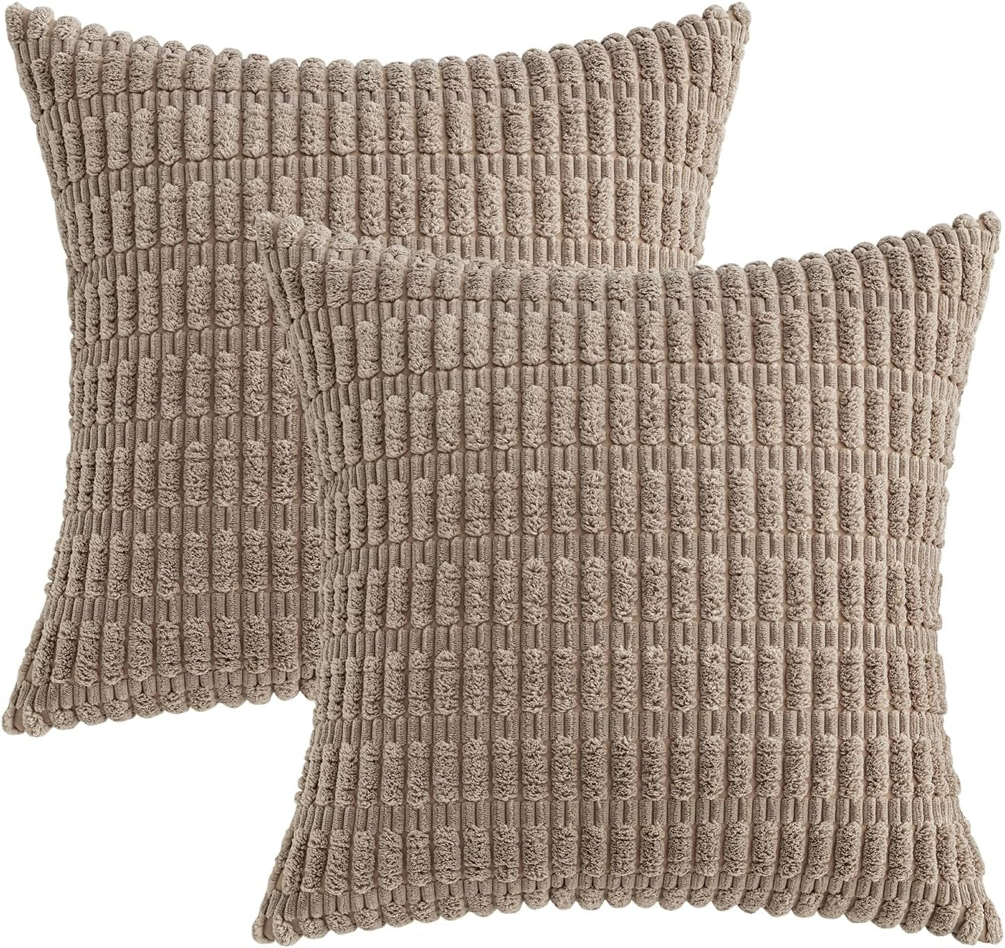 Set of 2 Soft Corduroy Decorative Throw Pillow Covers, 18x18 Inches, Boho Striped Design for Modern Farmhouse Home Decor, Light Brown