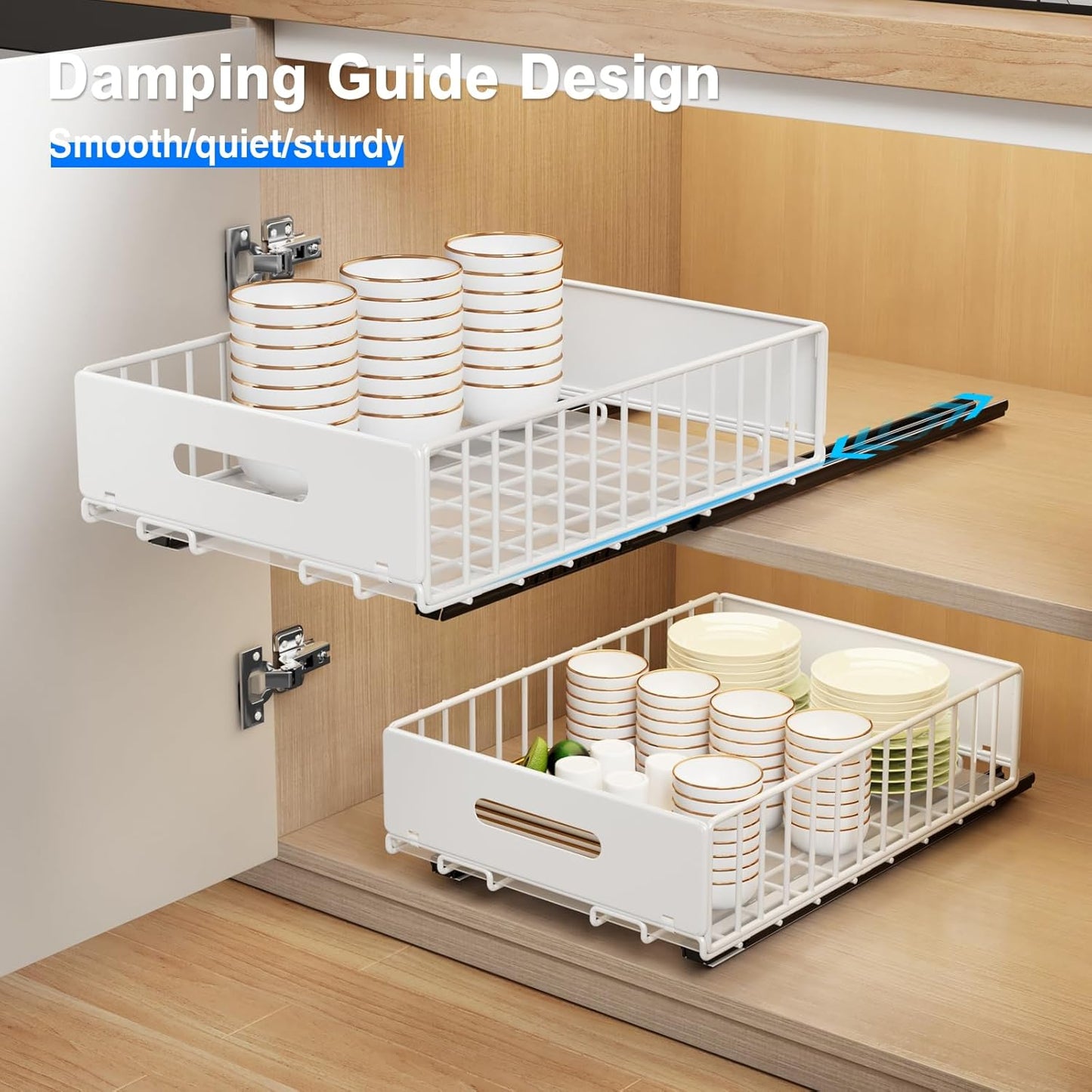 2 Pack Pull Out Cabinet Organizer, Slide Out Cabinet Drawers Peel and Stick Pull Out Drawers Heavy Duty Pull Out Shelf for Kitchen, Cupboard, Pantry, Bathroom (16.5" D*11.8" W*3.94" H-White)