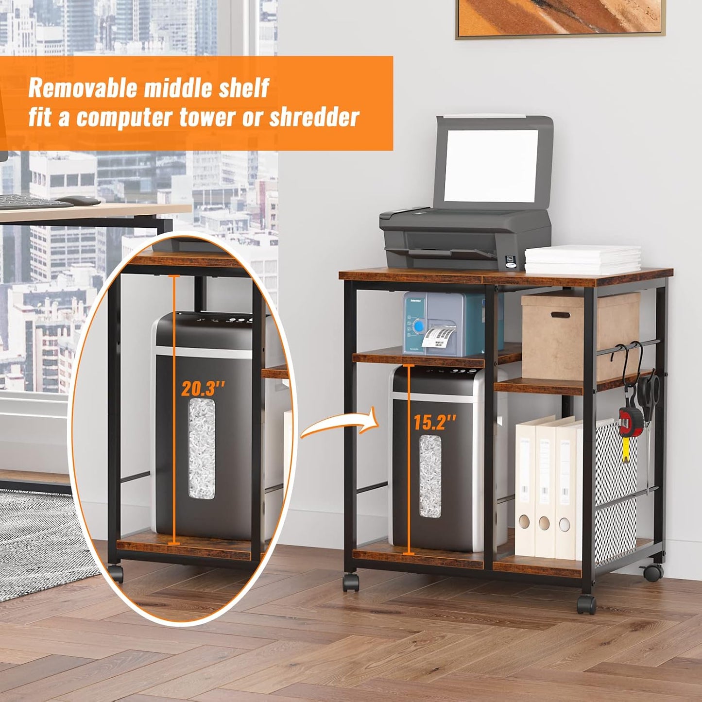 3 Tier Printer Stand for Home Office Organization, Mobile Printer Cart with Wheels and 2 Hooks, under Desk Shelf with Storage, for Living Room, Kitchen, Rustic Brown