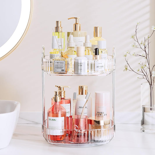 Rotating Bathroom Countertop Organizer, Large Capacity 2-Tier Multi-Function Storage for Cosmetics, Skincare, and Perfume. Makeup Organizer Countertop Ideal for Dresser, Bathroom,Vanity, Clear
