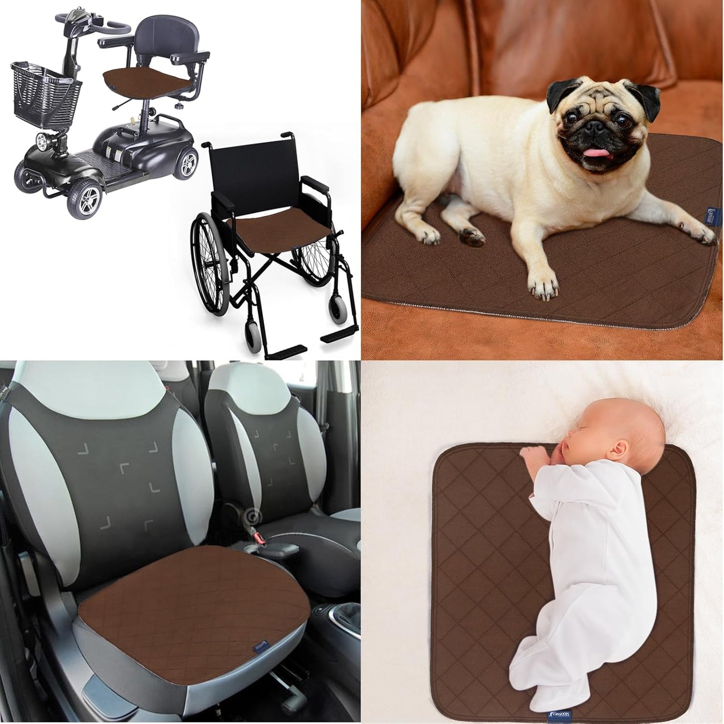 Waterproof Incontinence Chair Pads, 22" X 21" Wheelchair Reusable Seat Pads Cover, Washable Nursery Seat Protector, 4 Pack Brown