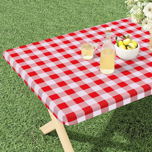 Buffalo Rectangle Picnic Tablecloth, 6 Foot Elastic Fitted Vinyl Table Cloth with Flannel Backing, Waterproof Plaid Table Covers for Dining, Camping, Outdoor (Red and White, 30" X 72")