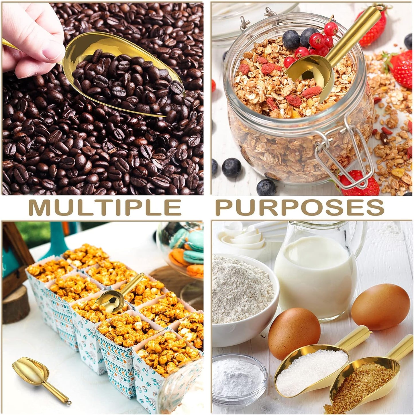 Canister Scoop Set of 3, Ice Candy Scoop, Stainless Steel Multipurpose Food Scooper for Buffet Jar Freezer, Mirror Finish & Dishwasher Safe, Gold, 3+3+3 Oz