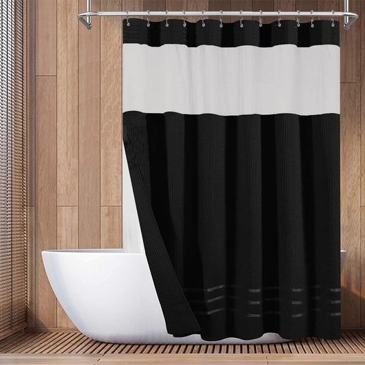 Waffle Weave Shower Curtain Set with Snap-In Fabric Liner, Heavyweight Fabric with 12 Hooks, Waterproof and Washable, Mesh Top Window, 78 "X 72", Black